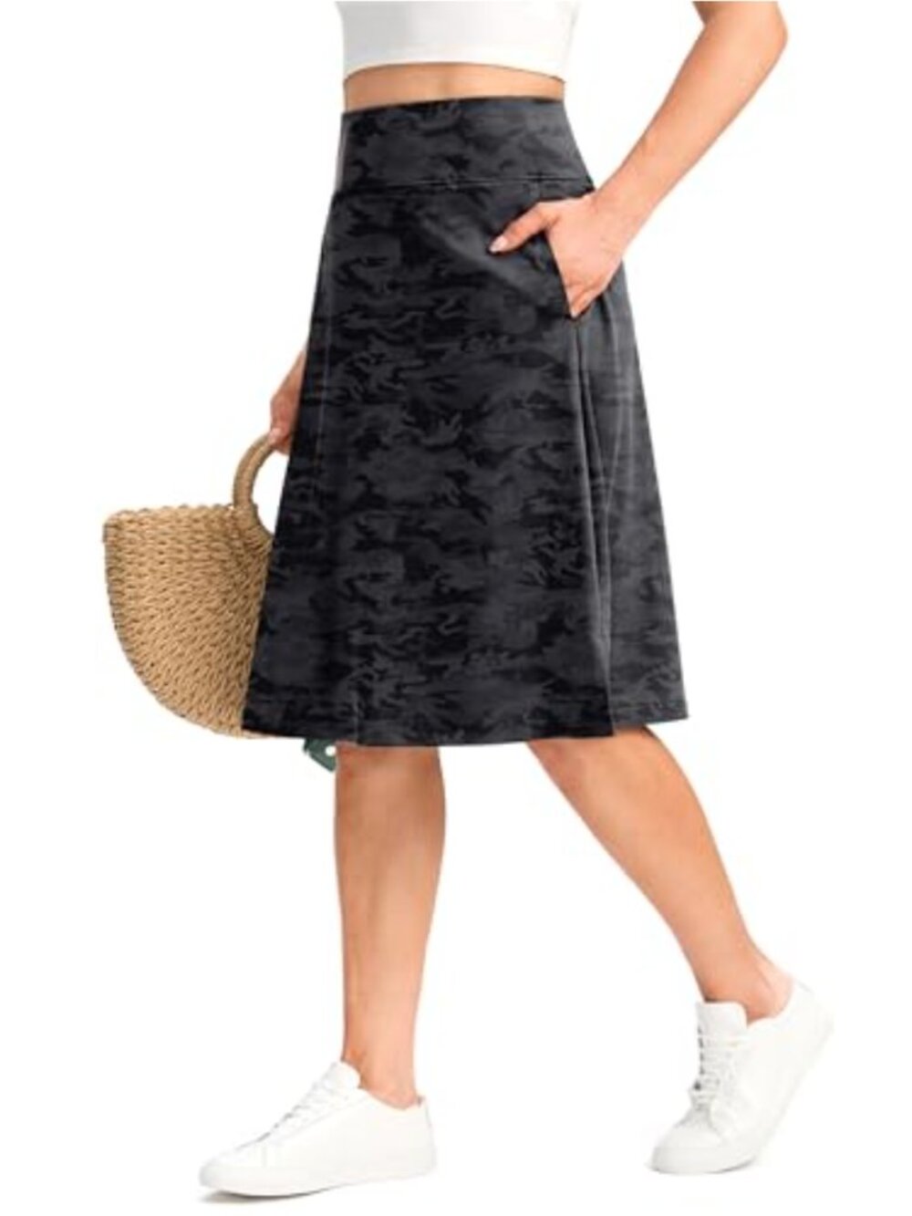 Knee Length Skort with Pockets 25" Midi A-Line Skirt Built-in Shorts
